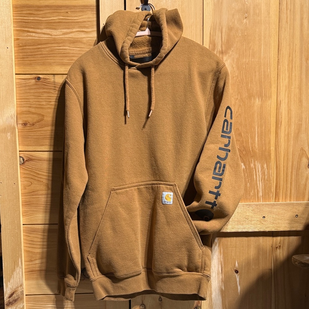 Carhartt Men's Tan Hoodie with Logo Sleeve size small